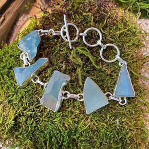 Rough Aqua Chalcedony Gemstone Sterling Silver Toggle Bracelet